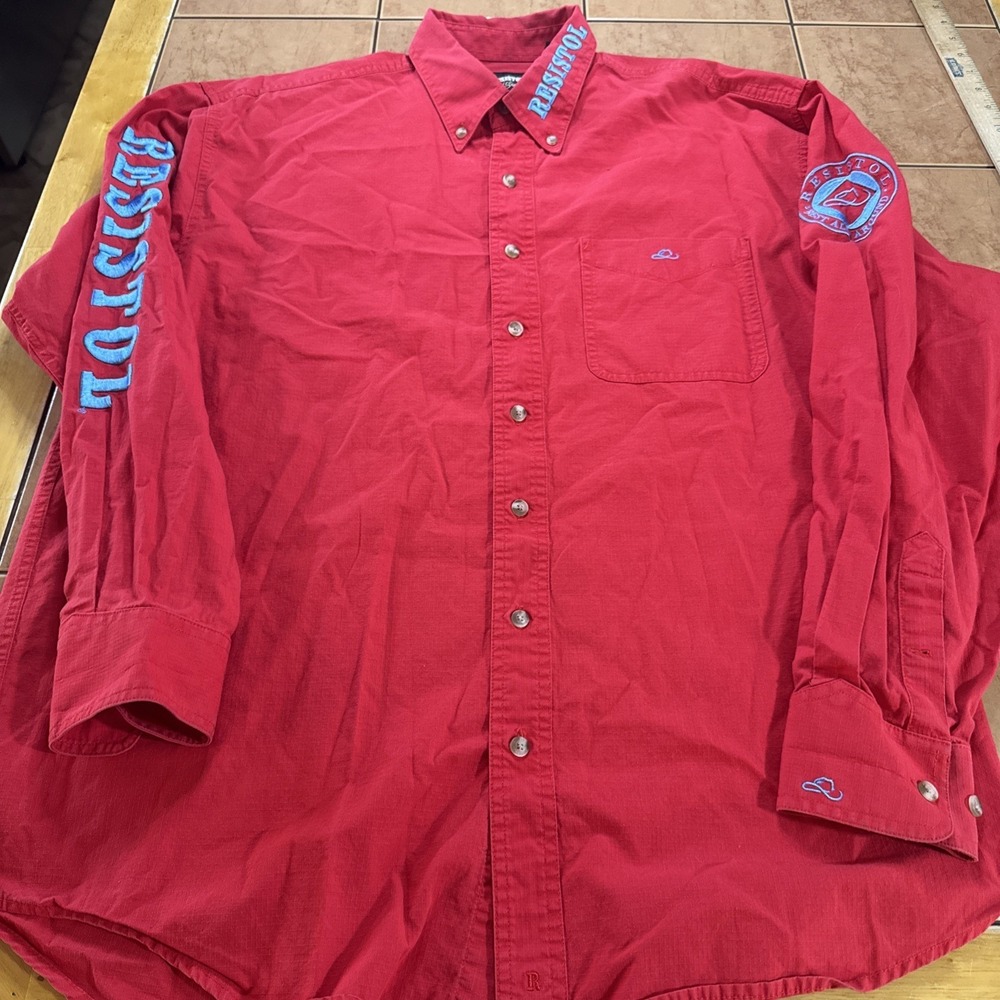 VTG Resistol Rodeo Gear Western Button Front Shirt Sz Large Red Embroidered